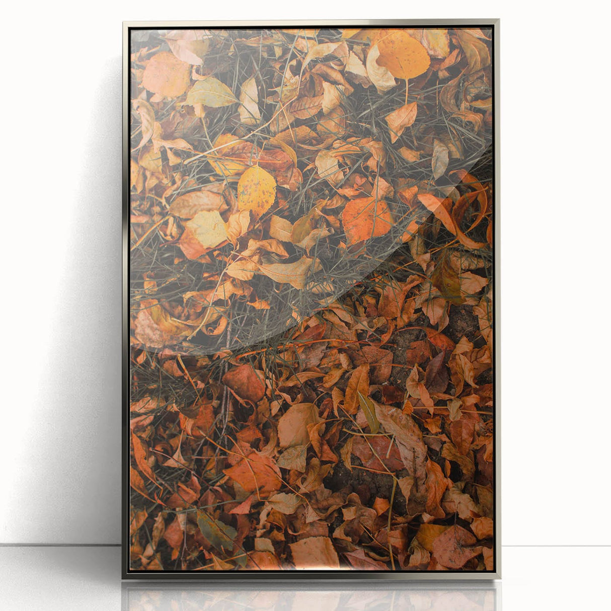 Mid-century modernist art depicting autumn trees in orange and gold tones, framed in silver acrylic.