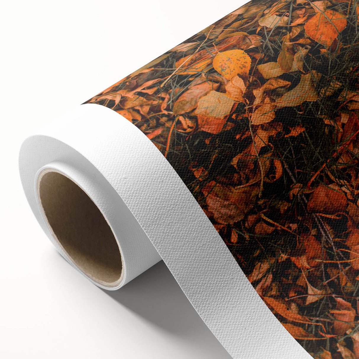 Art Deco poster of autumnal trees in warm orange and brown hues on rolled canvas, ideal for nursery wall art.