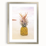 Textured art print of abstract summer theme in vibrant yellow and orange tones on a framed silver canvas.