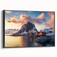 Framed canvas artwork depicting a stunning cliff landscape, showcasing dramatic rock formations and vibrant colors, presented in a sleek black frame for an elegant touch.