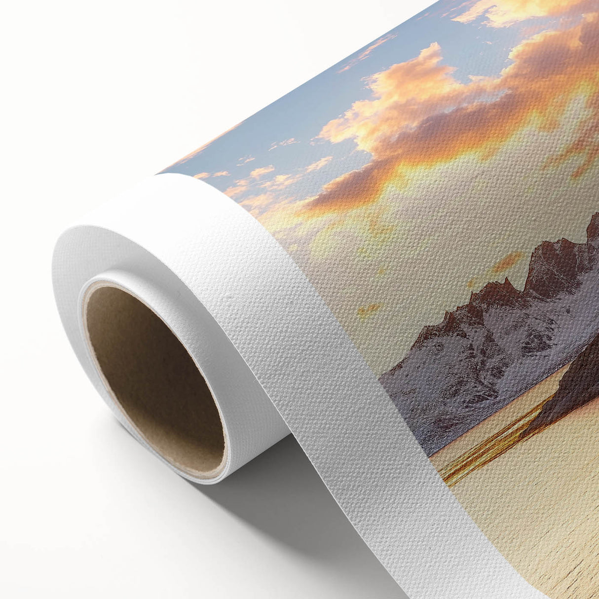 Serene landscape scene depicting majestic cliffs under a vibrant sunset, printed on rolled canvas, perfect for home decor or art enthusiasts.