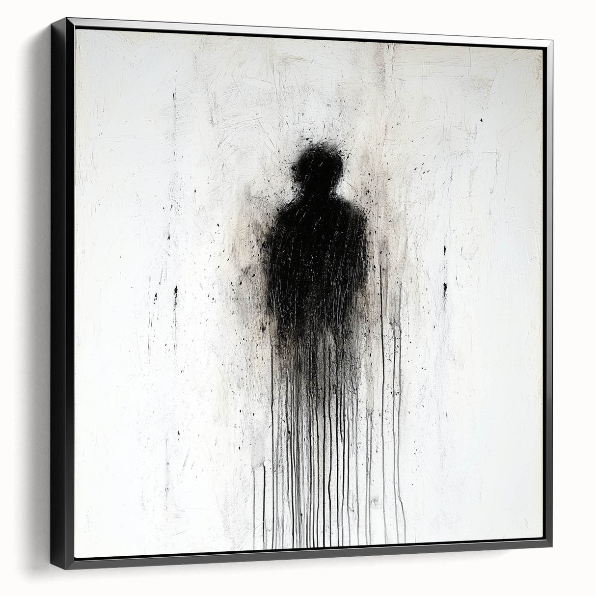 Framed abstract figurative canvas art in black, showcasing a modern design perfect for contemporary decor, emphasizing bold shapes and textures.