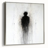Abstract figurative art print in a sleek silver frame, showcasing vibrant colors and dynamic shapes, perfect for modern home decor or gallery display.
