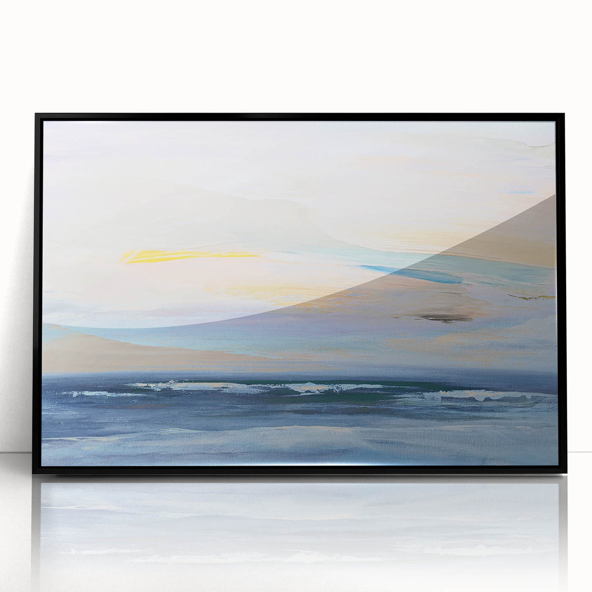 Framed abstract landscape wall art in black acrylic, showcasing a modern design with vibrant colors and intricate textures, perfect for contemporary home decor.