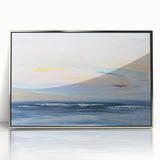 Framed abstract landscape wall art in silver acrylic, showcasing a modern design with vibrant colors and fluid shapes, perfect for contemporary decor.