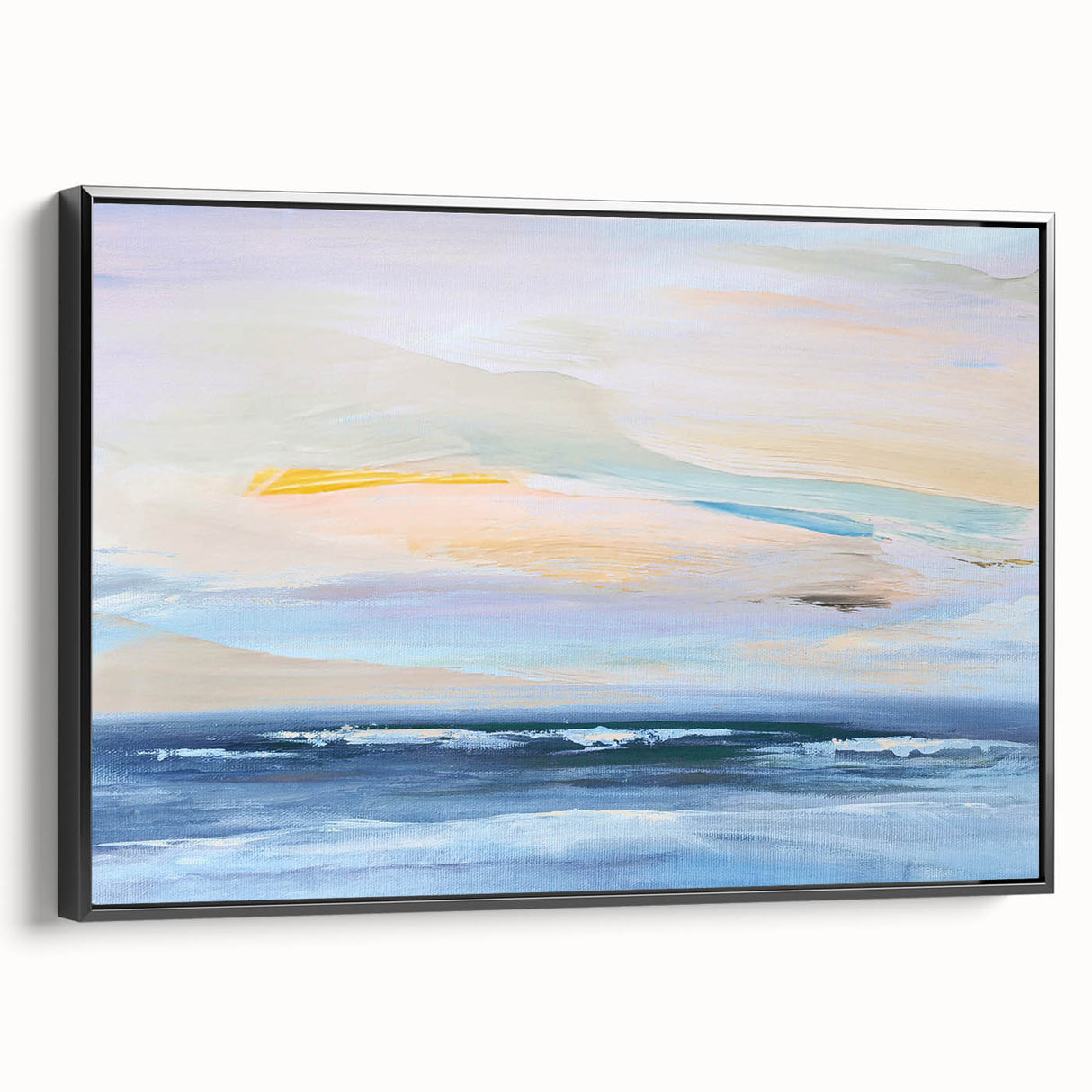 Framed abstract landscape wall art on canvas, showcasing vibrant colors and intricate patterns, viewed from the side against a white background, ideal for modern home decor.
