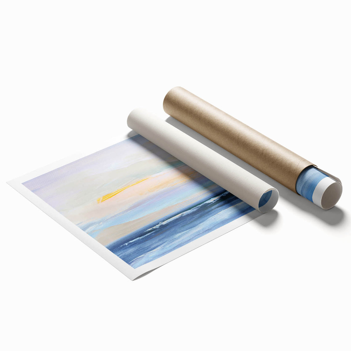Abstract landscape wall art print showcasing vibrant blue and orange hues, rolled and ready for display, perfect for modern home decor. Ideal for adding a pop of color to any room.
