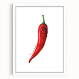 Abstract art print of assorted fruits in vibrant colors on a white framed mat, suitable for dining room decor.