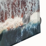 Close-up of an acrylic glass artwork depicting a serene beach landscape with vibrant colors, capturing the tranquil essence of coastal beauty and nature.