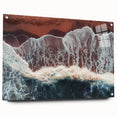 Acrylic wall art depicting a serene beach landscape with vibrant blue skies and soft golden sands, displayed in a side view showcasing its elegant design and pin attachments.