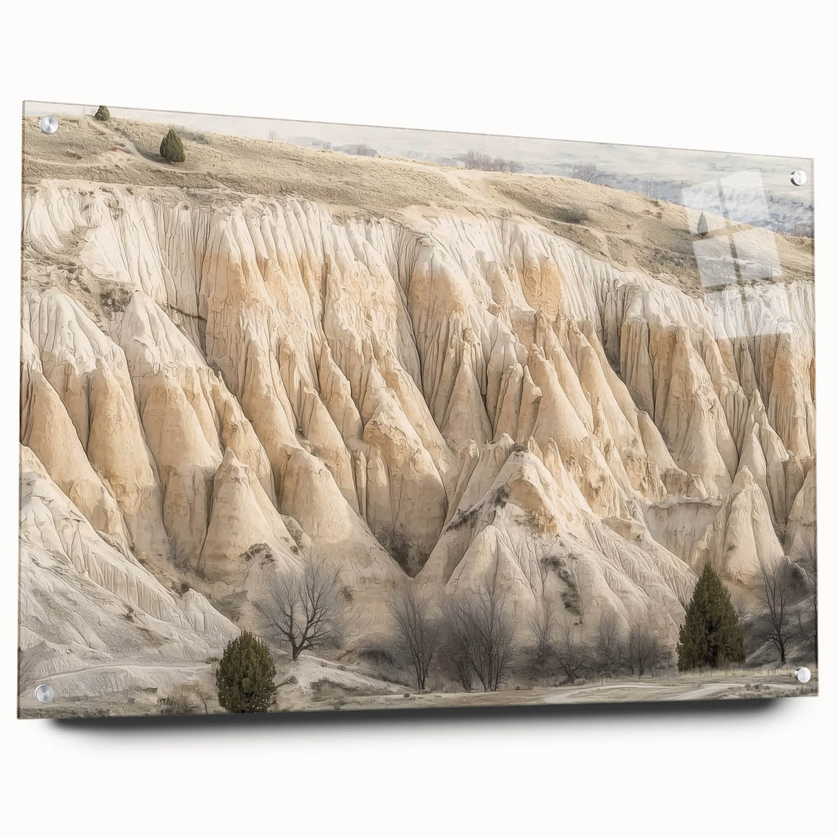 Acrylic glass landscape artwork showcasing vibrant canyons with a side view, held in place by decorative pins, perfect for modern home decor.