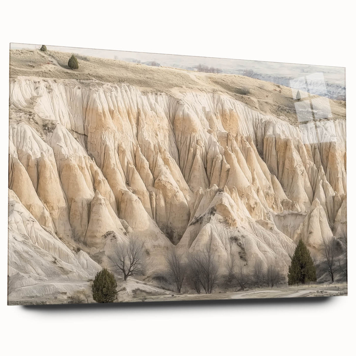 Stunning landscape acrylic artwork showcases vibrant canyons in rich hues, displayed in a sleek glass frame, perfect for modern home decor.