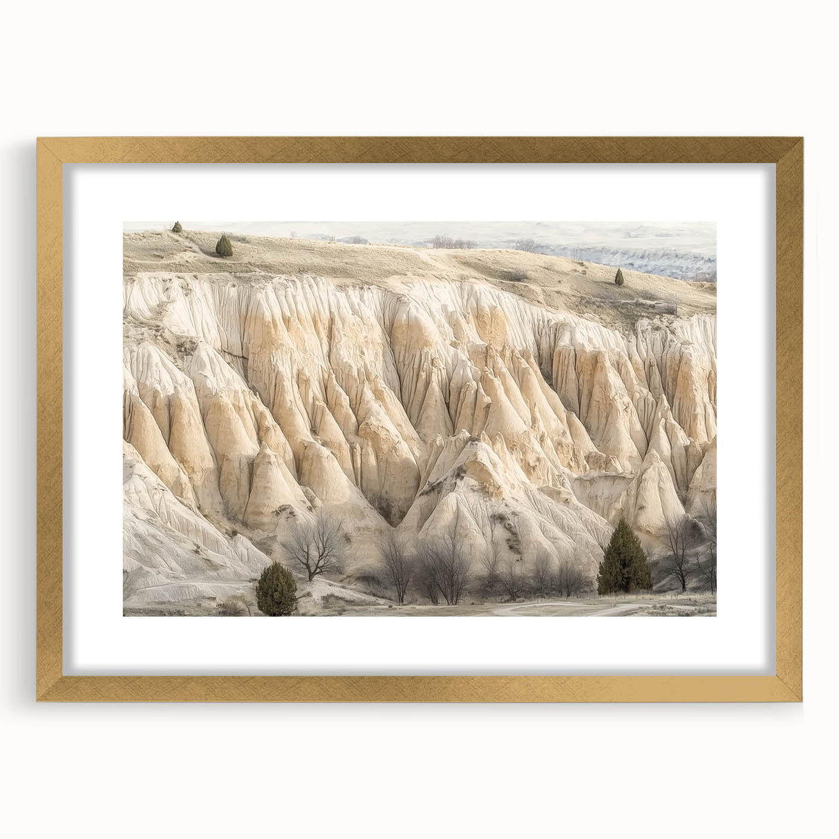 Elegant gold-framed landscape artwork depicting serene canyons with a mat surround, enhancing the natural beauty and depth of the scene. Ideal for home decor.