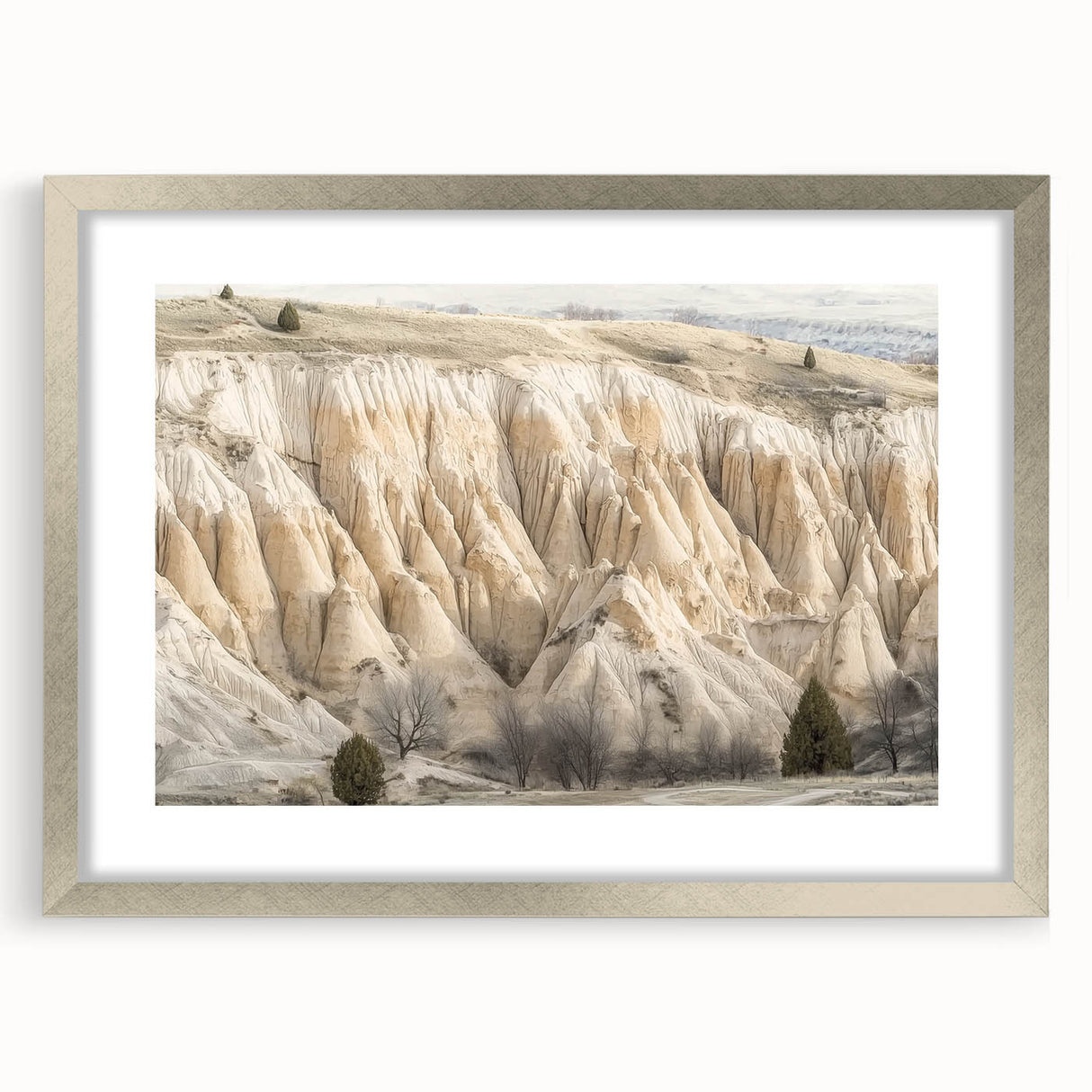Framed landscape artwork of canyons in a silver frame, showcasing vibrant colors and intricate details, perfect for enhancing home decor or office spaces.