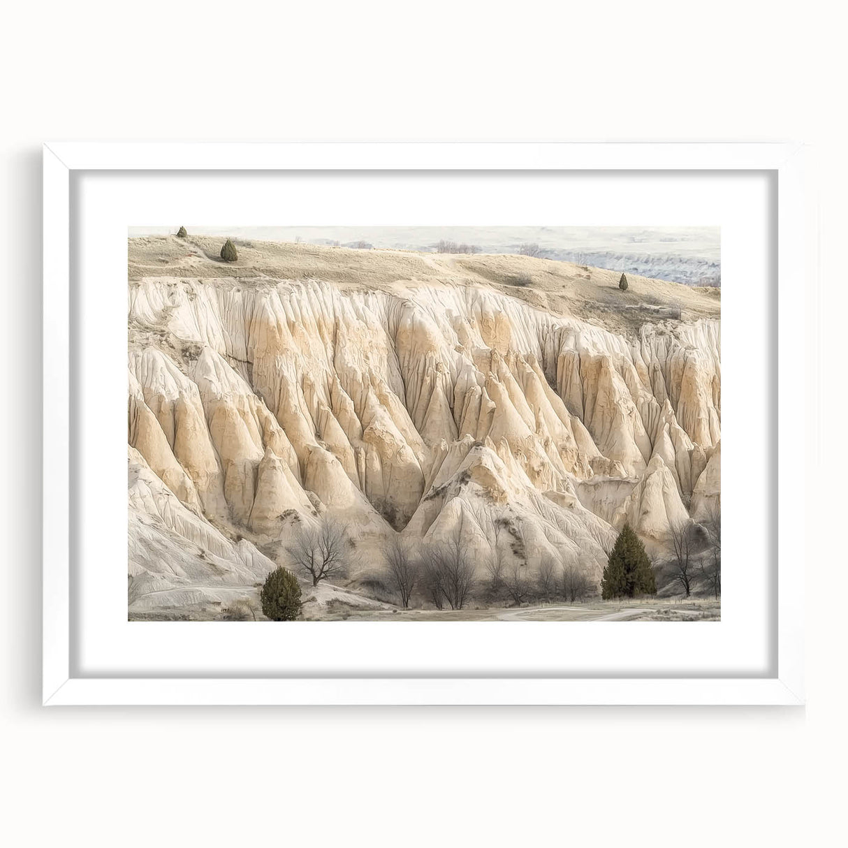 Framed landscape artwork depicting vibrant canyons, encased in a white mat, perfect for enhancing home decor. Ideal for nature lovers and art enthusiasts.