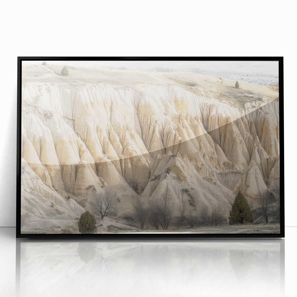 Framed acrylic artwork showcasing a vibrant landscape of canyons in rich earth tones, presented in a sleek black frame, ideal for modern home decor accentuating natural beauty. Perfect for enhancing living room aesthetics or gallery wall displays.