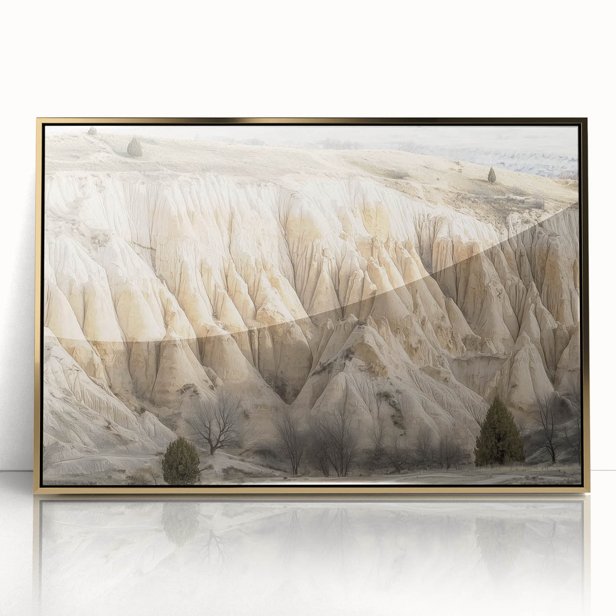 Framed acrylic artwork depicting a stunning landscape of golden canyons, showcasing vibrant colors and intricate details that enhance any home decor. Ideal for nature lovers and modern interiors.