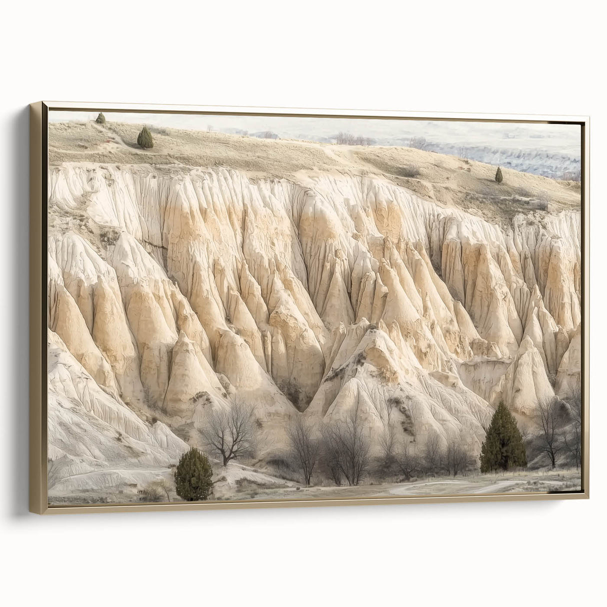 Framed landscape canvas artwork depicting vibrant canyons with golden accents, showcasing a breathtaking view that enhances any home décor. Perfect for nature lovers.