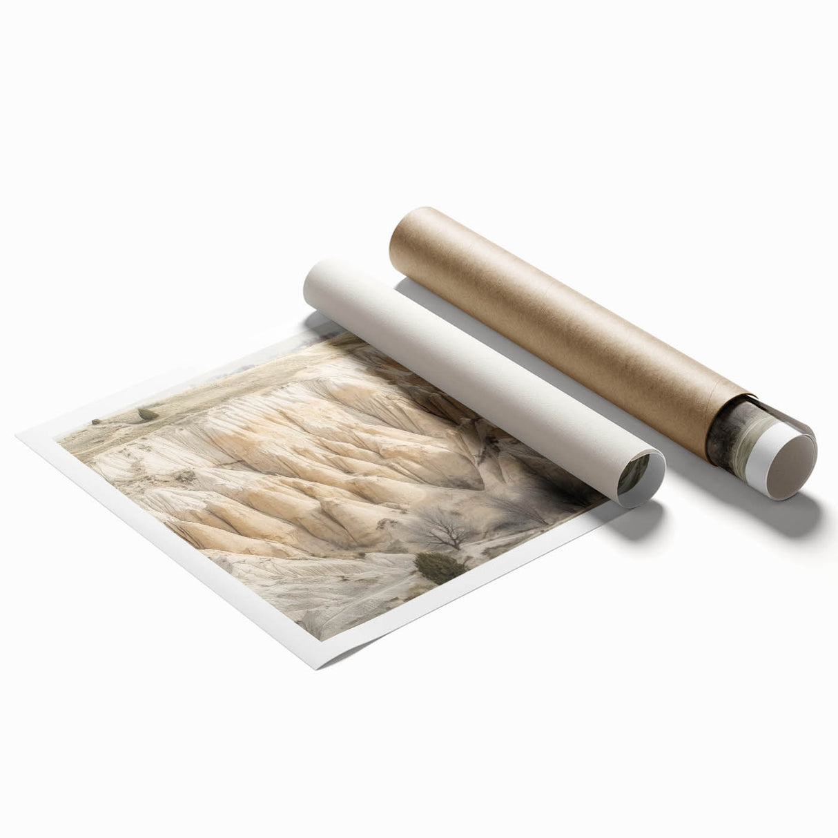 Vibrant landscape print showcasing majestic canyons with rich earth tones, expertly rolled for shipping in a protective cardboard tube, perfect for home decor.
