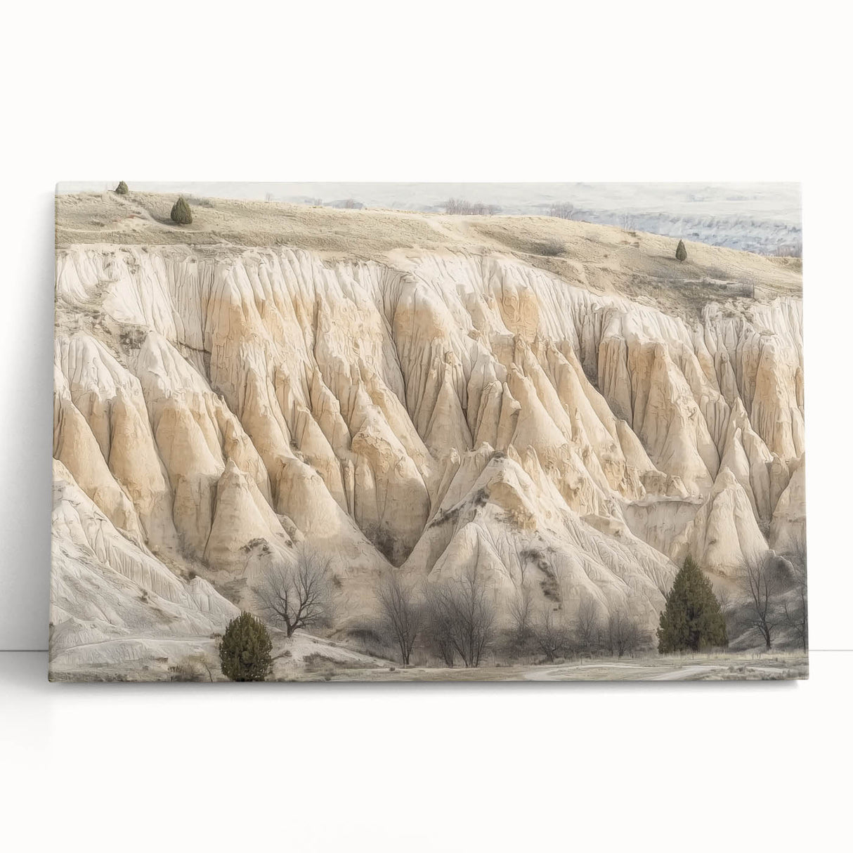Stretched canvas artwork depicting a vibrant canyon landscape at sunset, showcasing rich oranges and purples, perfect for enhancing home decor.