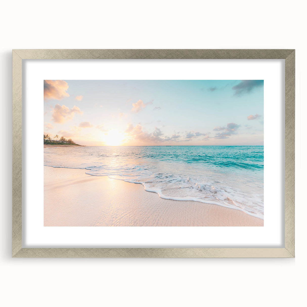 Textured abstract art print in vibrant yellows and oranges on a framed silver canvas, ideal for bedroom art.