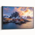 Framed canvas artwork depicting a scenic landscape with dramatic cliffs, featuring a black side view, ideal for enhancing modern home decor.