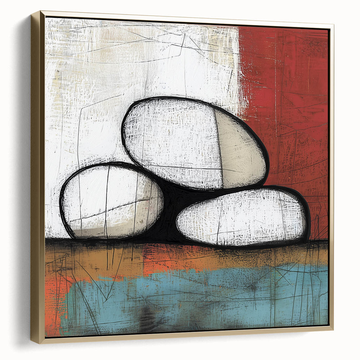 Abstract Stone Stack Living Room Wall Art – Beige & Red Canvas