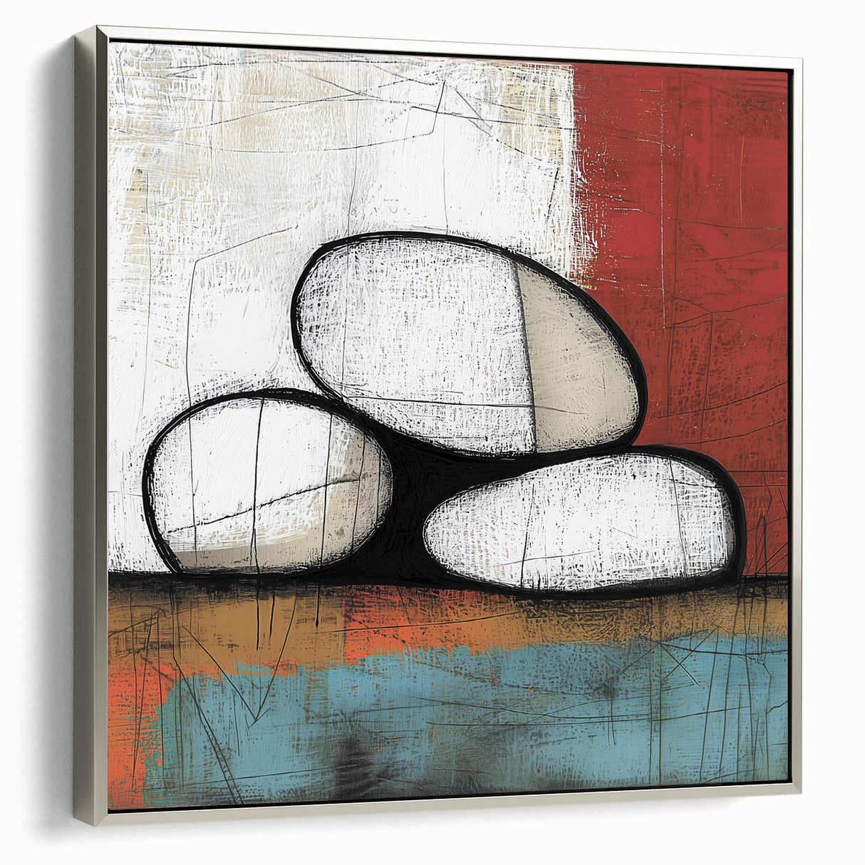 Abstract Stone Stack Living Room Wall Art – Beige & Red Canvas