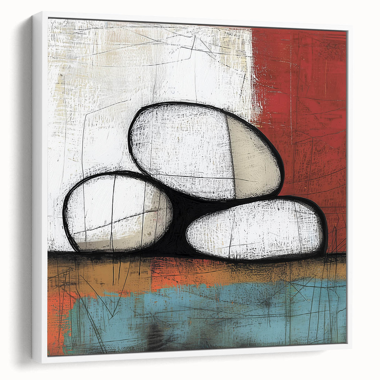 Abstract Stone Stack Living Room Wall Art – Beige & Red Canvas