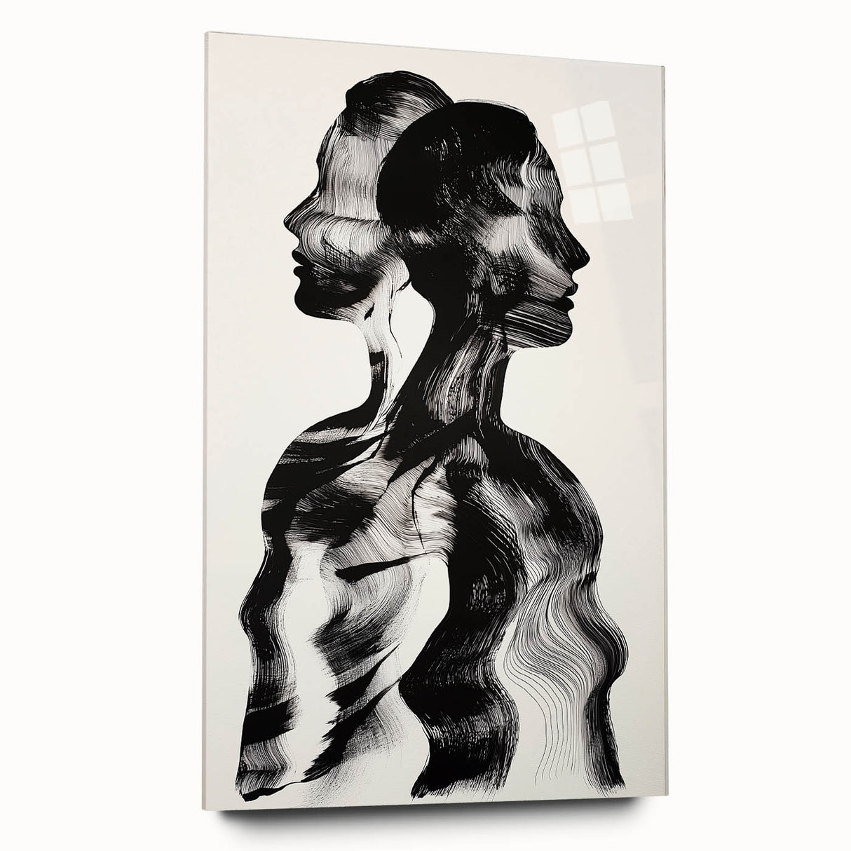 Abstract figurative acrylic artwork displayed from a side view, featuring vibrant colors and dynamic shapes on a glass surface, perfect for modern decor.