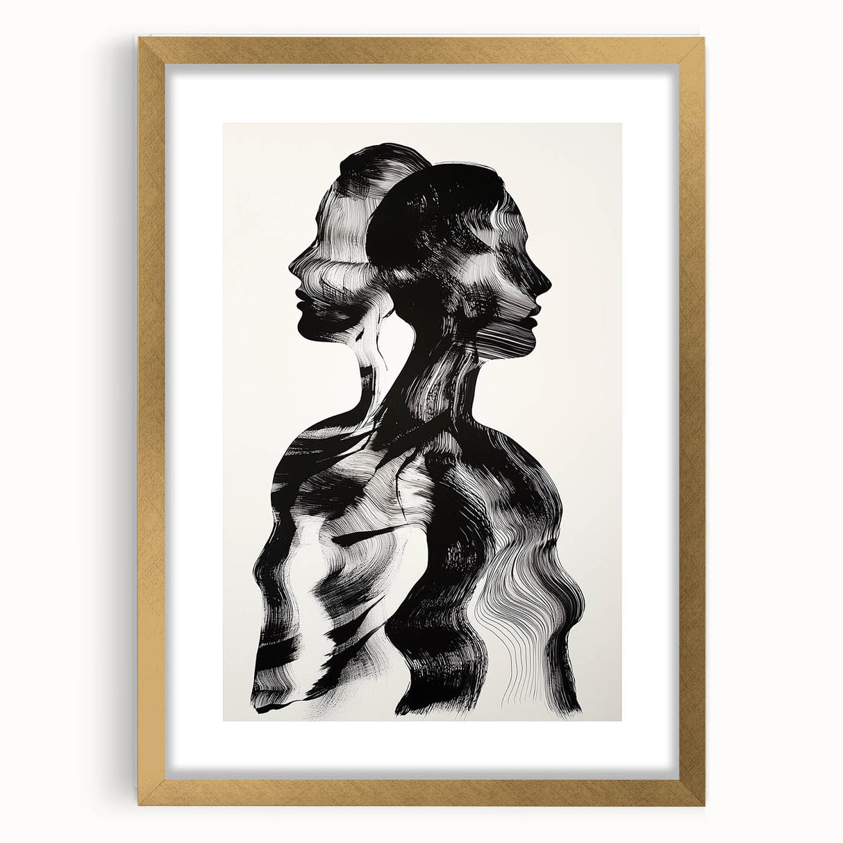 Abstract figurative frame with a gold mat, showcasing a unique artistic design. Ideal for modern decor, enhancing elegance in any room setting.