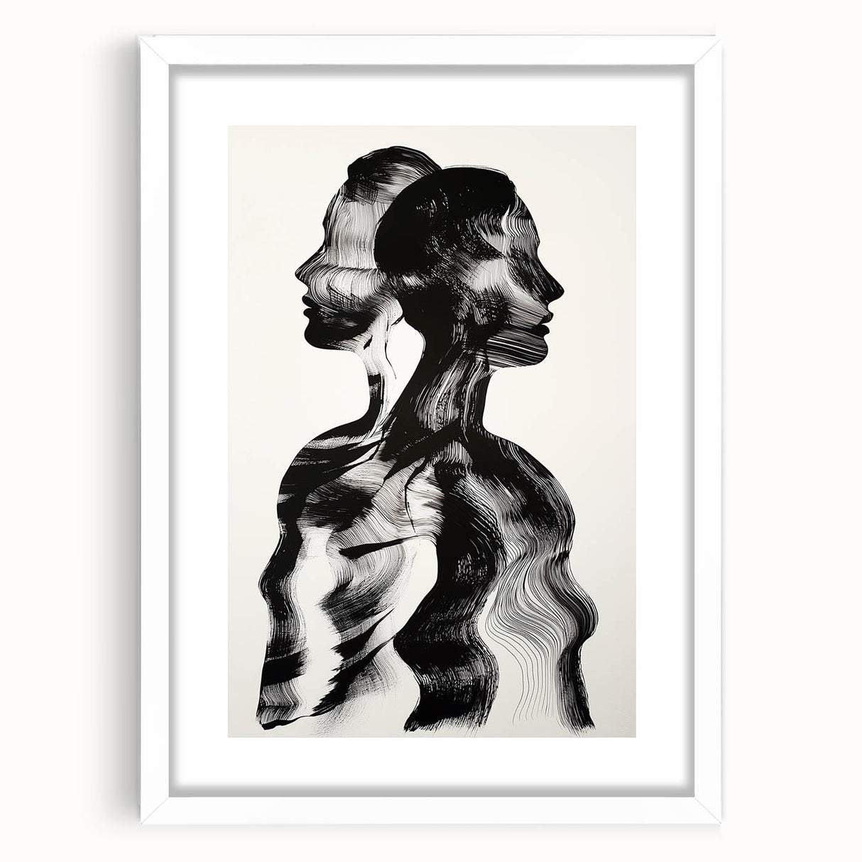Abstract figurative artwork displayed in a sleek white frame with a mat, showcasing vibrant colors and bold shapes, perfect for stylish home decor.