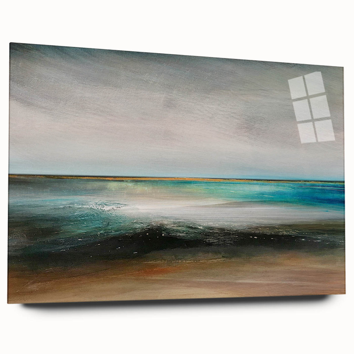 Abstract landscape wall art displayed in a sleek acrylic frame, showcasing vibrant colors and fluid shapes, perfect for modern home decor. The side view highlights its elegant design and glossy finish, adding a contemporary touch to any interior setting.