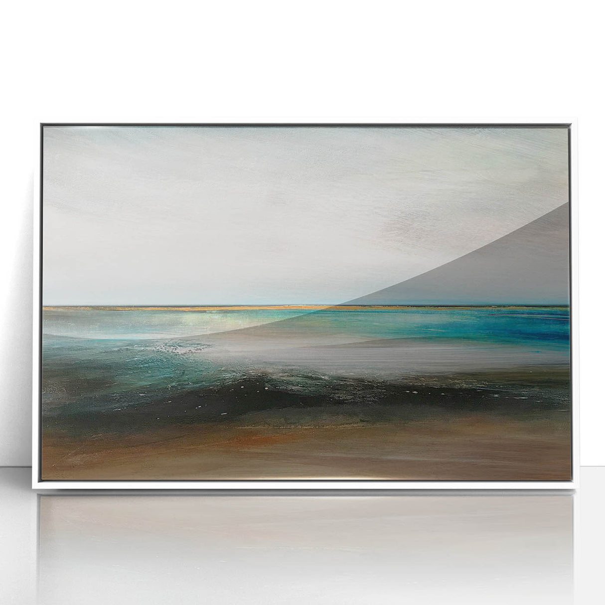 Framed acrylic wall art featuring an abstract landscape design in soft earth tones, set against a white background, perfect for modern home decor.