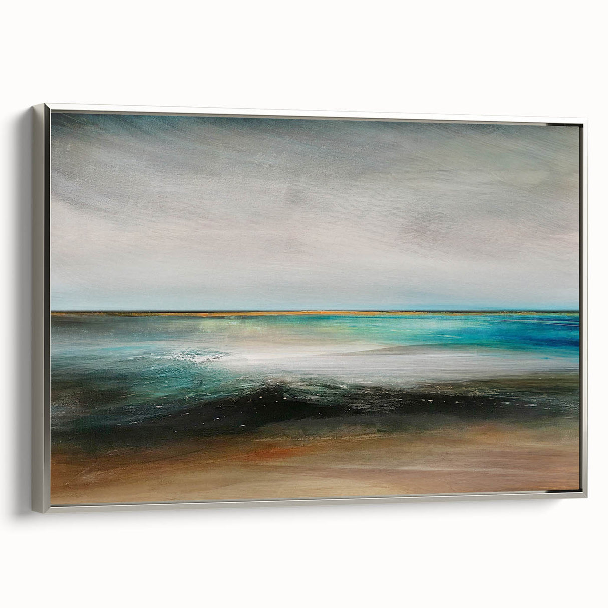 Framed abstract landscape wall art with silver accents, showcasing vibrant colors and dynamic shapes, ideal for modern home decor. View from the side highlights its elegant design and sleek finish.