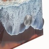 Close-up of a vibrant acrylic landscape artwork depicting serene beaches, showcasing rich colors and intricate details, perfect for coastal-themed decor.