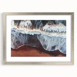 Landscape beach artwork framed in a sleek silver frame with a white matting, showcasing serene ocean waves and sandy shores, perfect for coastal decor enthusiasts.