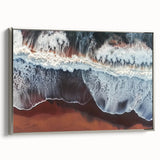 Framed canvas artwork depicting a serene beach landscape, featuring vibrant colors and a silver frame, showcasing a tranquil coastal scene perfect for home decor.