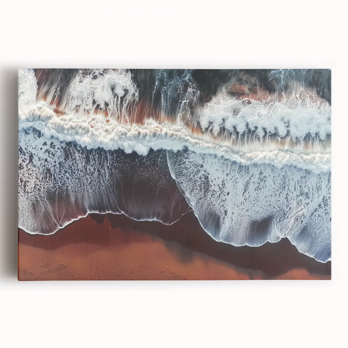 Stretched canvas artwork depicting a serene beach landscape with vibrant blue skies and soft sandy shores, perfect for coastal home decor and relaxation.