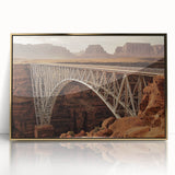 Framed acrylic artwork depicting a serene landscape with a golden bridge, showcasing vibrant colors and intricate details, perfect for home decor.