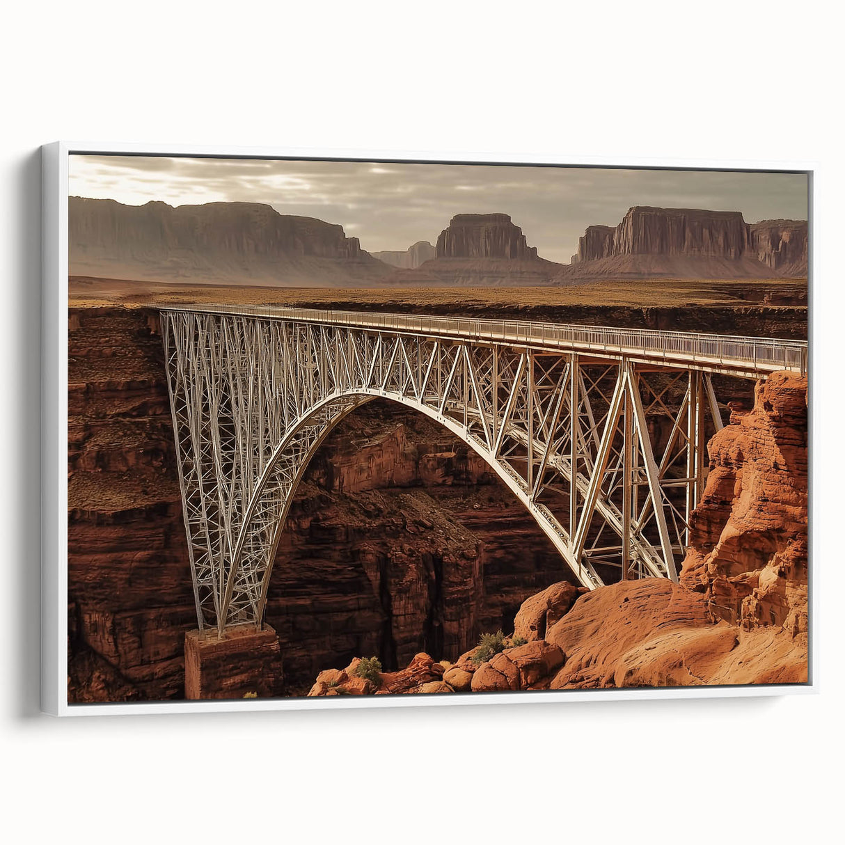 Framed canvas artwork depicting a serene landscape featuring a wooden bridge over a tranquil stream, enhanced with lush greenery and soft sunlight. Perfect for nature lovers seeking calming home decor.