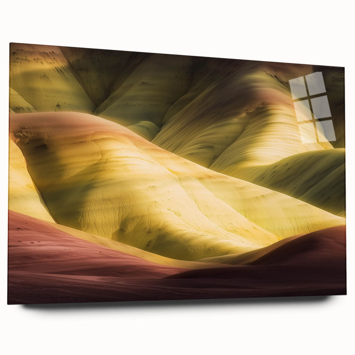 Acrylic glass artwork showcasing a stunning landscape of canyons, presented in a side view without pins. The vibrant colors enhance the natural beauty, perfect for home decor.