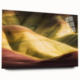 Acrylic glass artwork showcasing a stunning landscape of canyons, presented in a side view without pins. The vibrant colors enhance the natural beauty, perfect for home decor.