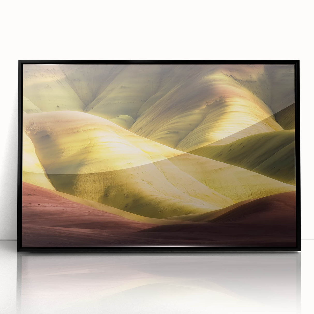 Framed acrylic artwork depicting a vibrant landscape of canyons, featuring rich earth tones and intricate textures, perfect for enhancing modern home decor.