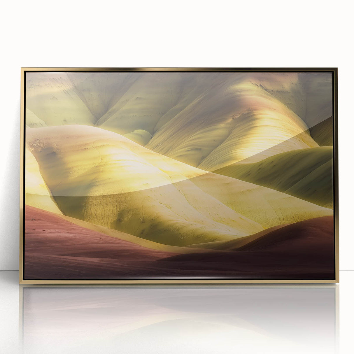 Framed acrylic art piece showcasing a stunning landscape of canyons, featuring vibrant colors and intricate details, perfect for enhancing modern home decor.