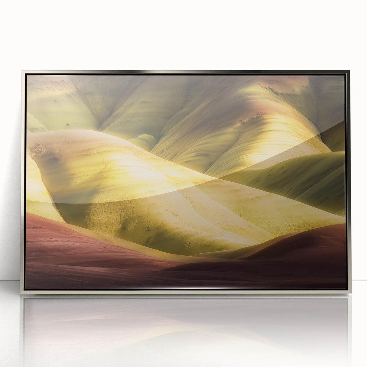 Framed acrylic artwork titled "Design 139: Landscape Canyons" showcasing vibrant canyon hues with a sleek silver frame, perfect for modern home decor.