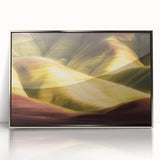 Framed acrylic artwork titled "Design 139: Landscape Canyons" showcasing vibrant canyon hues with a sleek silver frame, perfect for modern home decor.