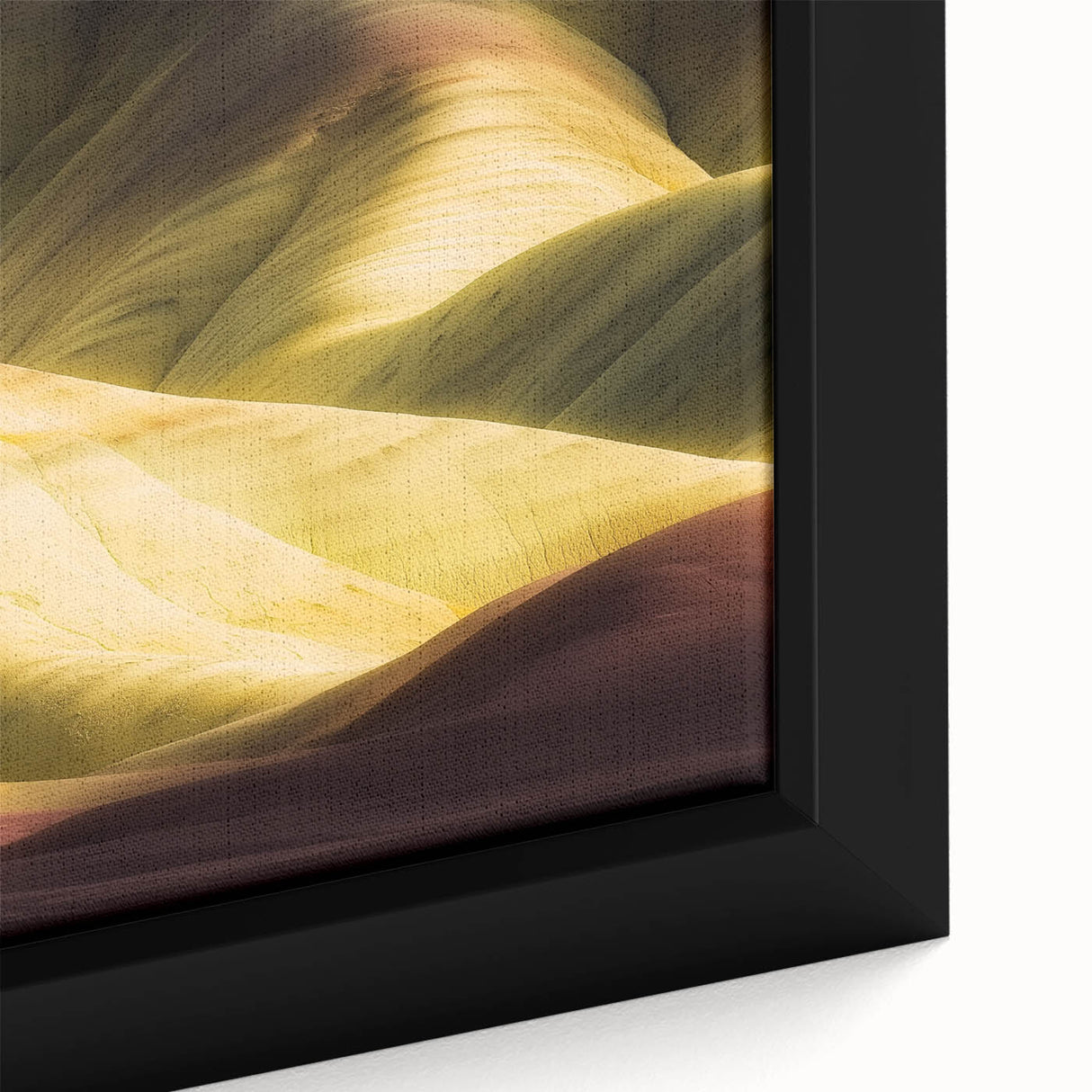 Close-up of a framed canvas art piece depicting vibrant canyons in warm earth tones, showcasing intricate textures and details, ideal for enhancing modern home decor.