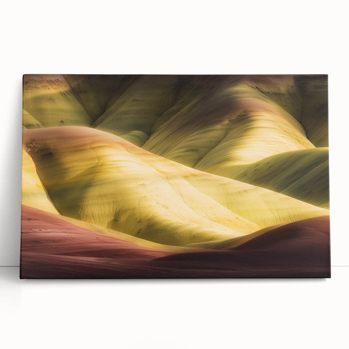 Stretched canvas artwork depicting vibrant canyons with rich earthy tones and dynamic textures, ideal for modern home decor or office spaces, exuding warmth and adventure.