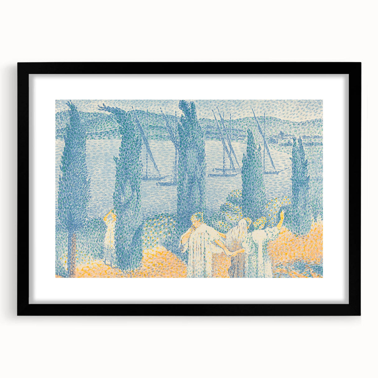 Serene Lakeside Promenade - Modern Wall Art with Pointillist Style